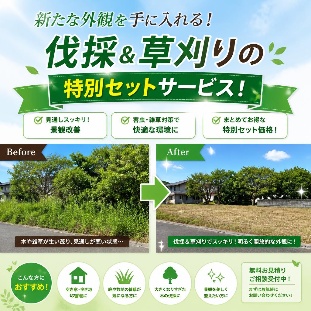 宇部市から新たな外観を手に入れる！伐採＆草刈りの特別セットサービス！