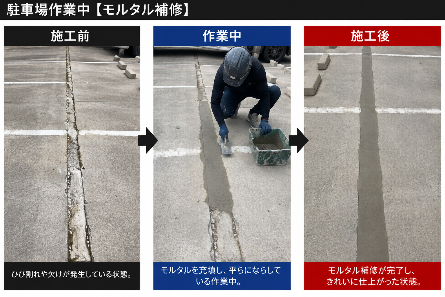 宇部市駐車場のヒビ割れ、欠け部分を放置してませんか？モルタル補修で使いやすく