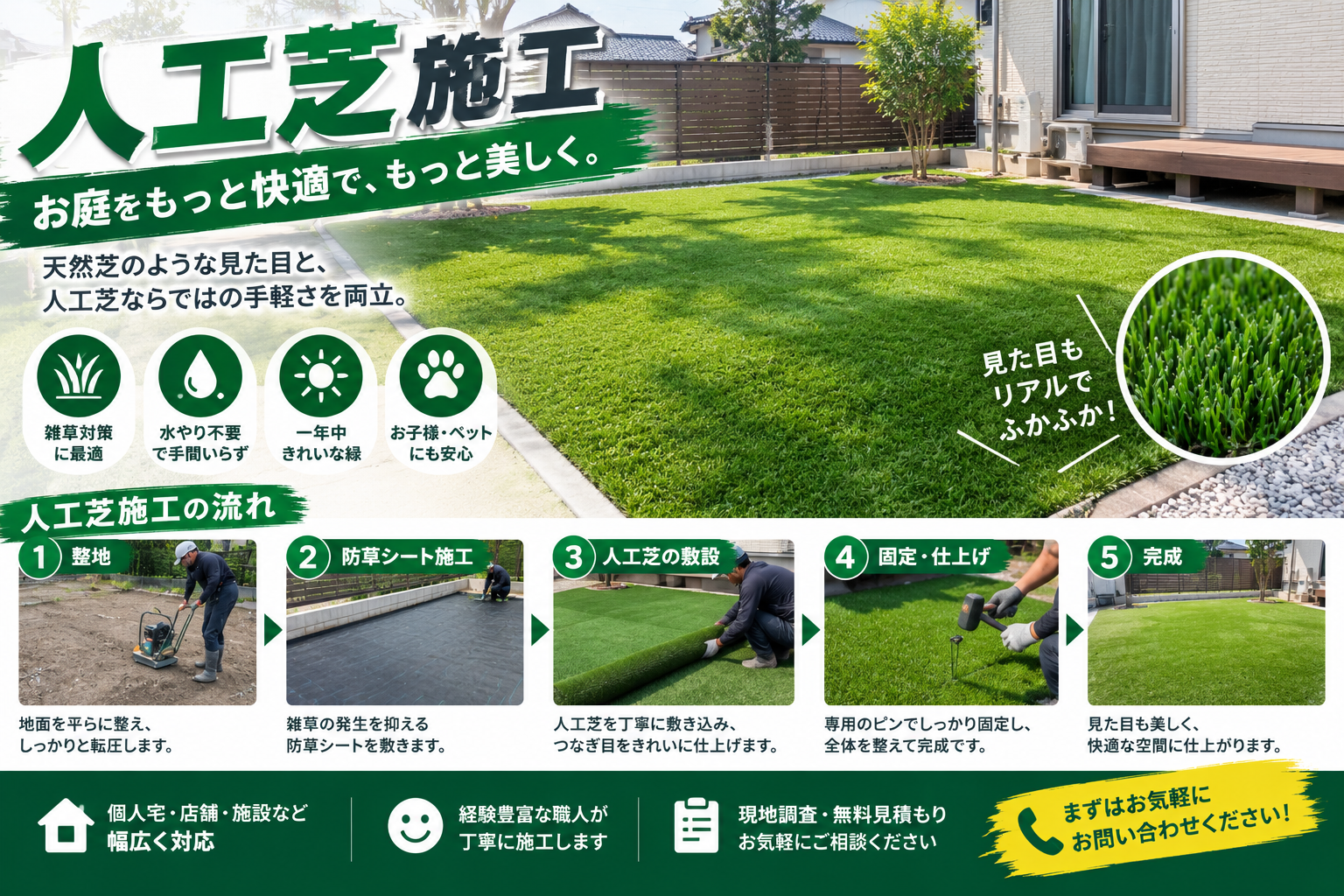 山陽小野田市で自宅の人工芝施工は三井工業！